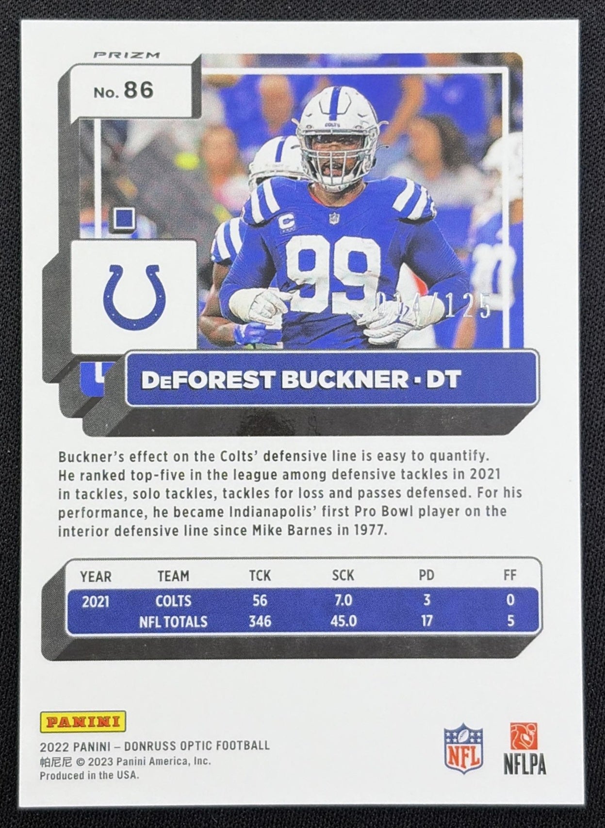 DeForest Buckner 2022 Panini Donruss Optic Silver Circles /125 Colts back
