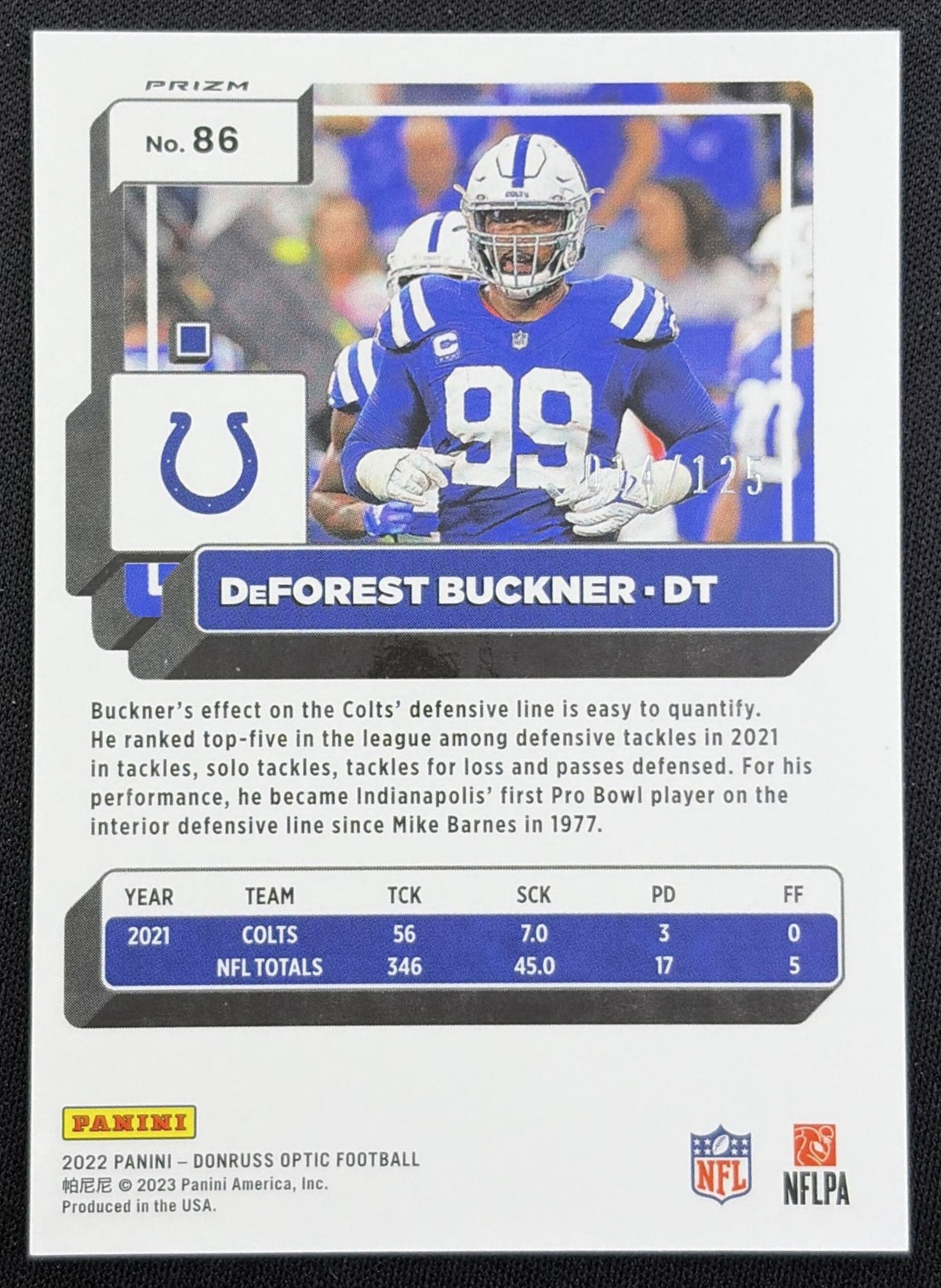 DeForest Buckner 2022 Panini Donruss Optic Silver Circles /125 Colts back