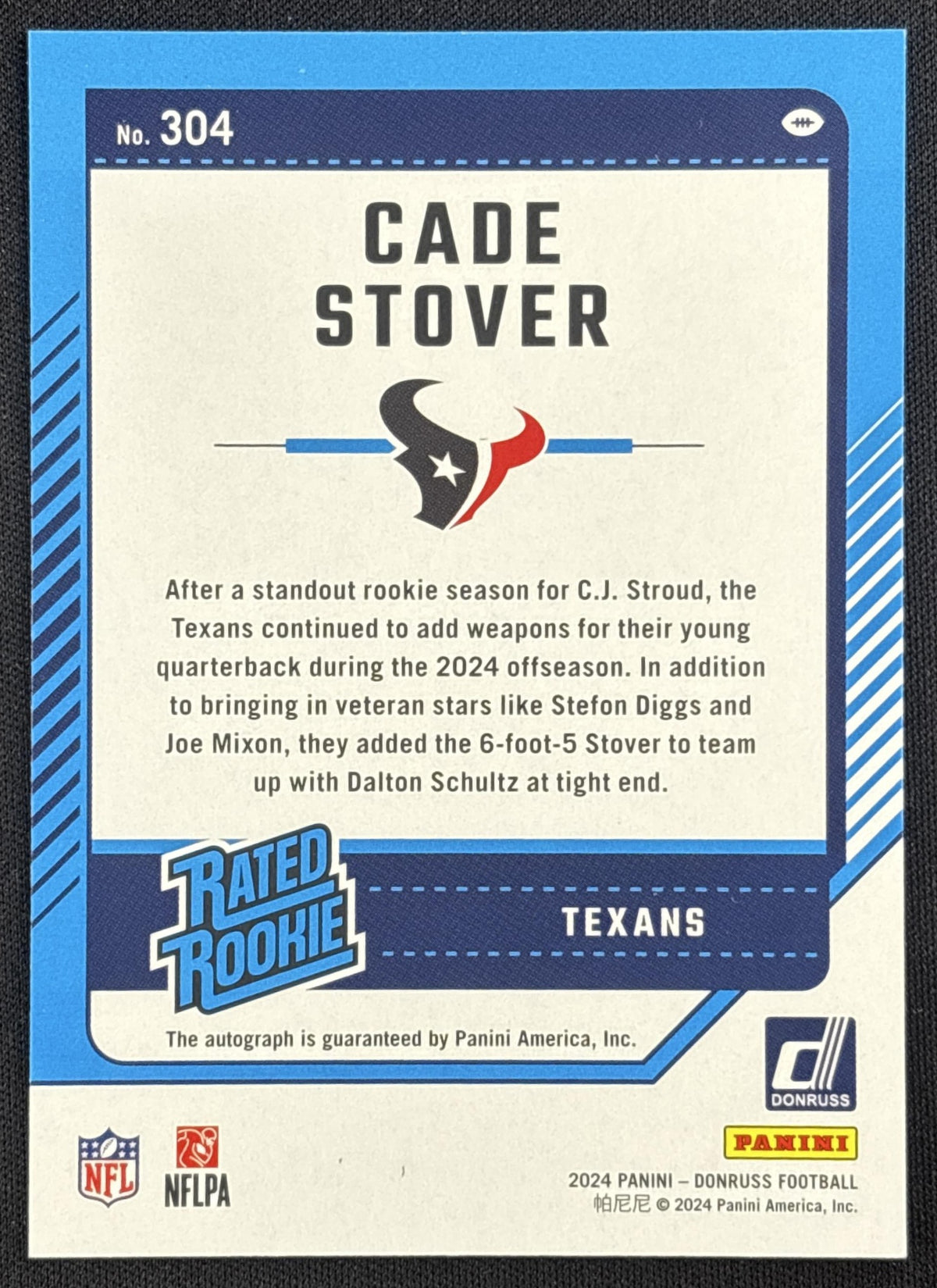 Cade Stover 2024 Panini Donruss Rated Rookie Auto Green Texans