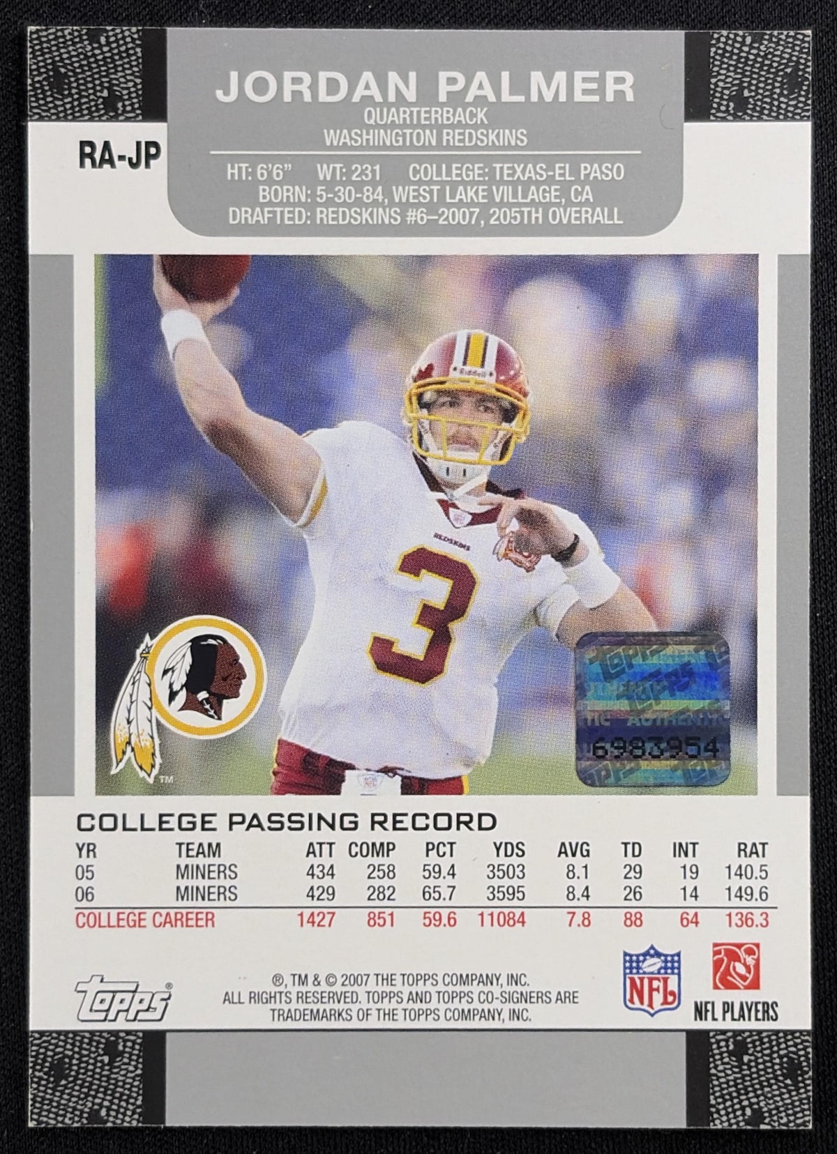 Jordan Palmer 2007 Topps Co-Signers Rookie Auto Redskins
