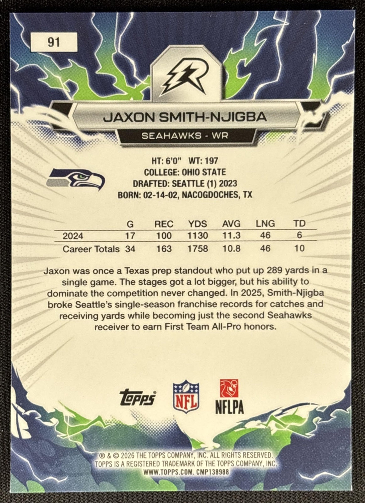 Jaxon Smith-Njigba 2025 Resurgence Blue and Orange Spark Refractor Seahawks