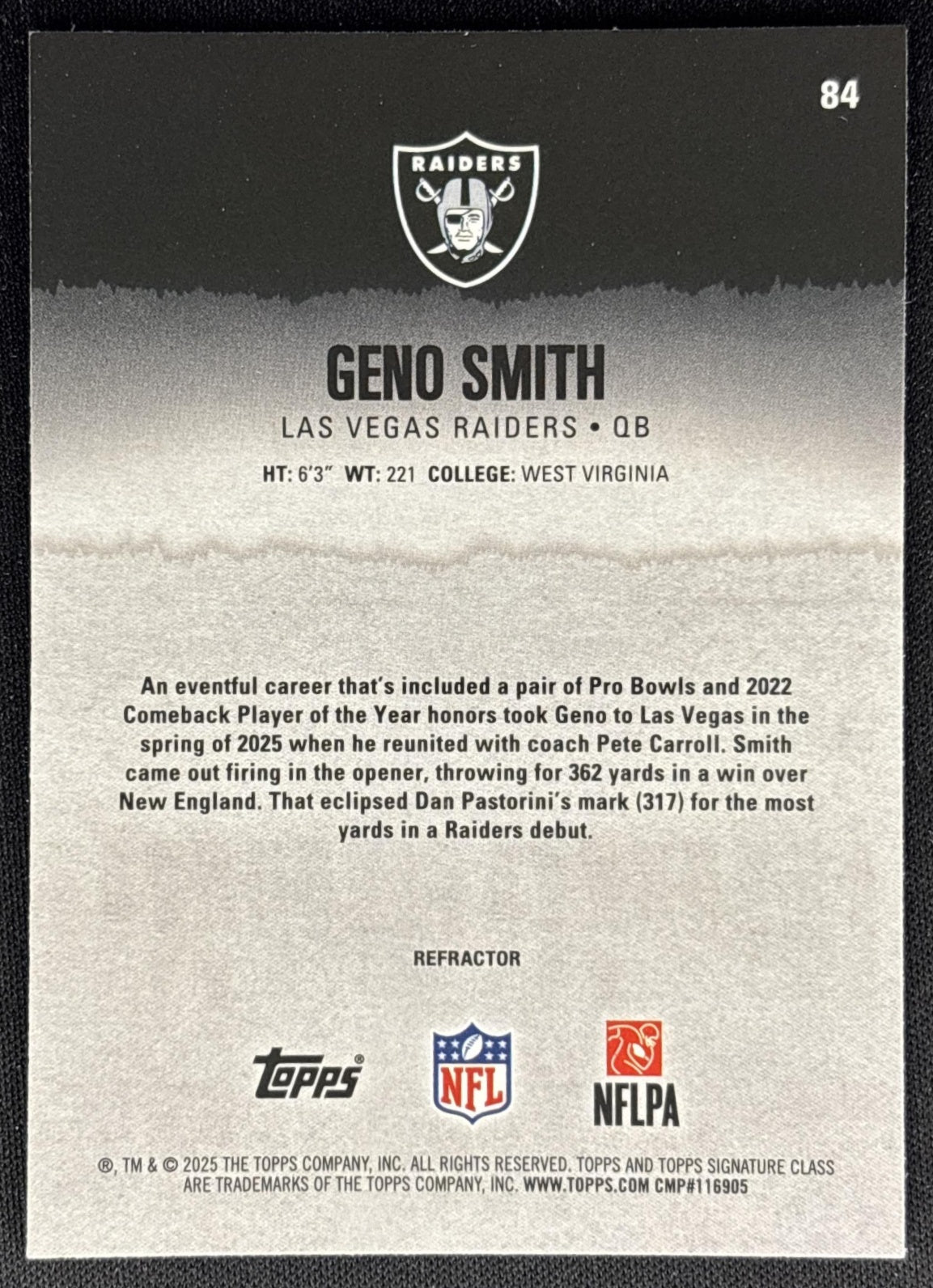 Geno Smith 2025 Topps Signature Class Chrome Veteran White Refractor Raiders Sports Trading Cards