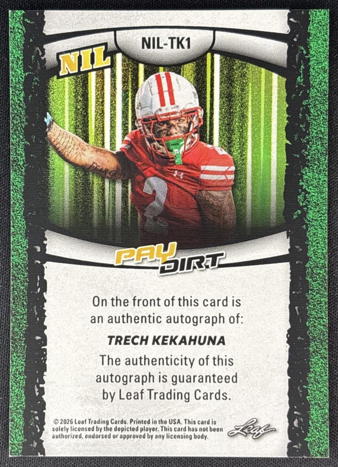 Trech Kekahuna 2026 Leaf Paydirt NIL Bonus Auto Gold 1/1 back