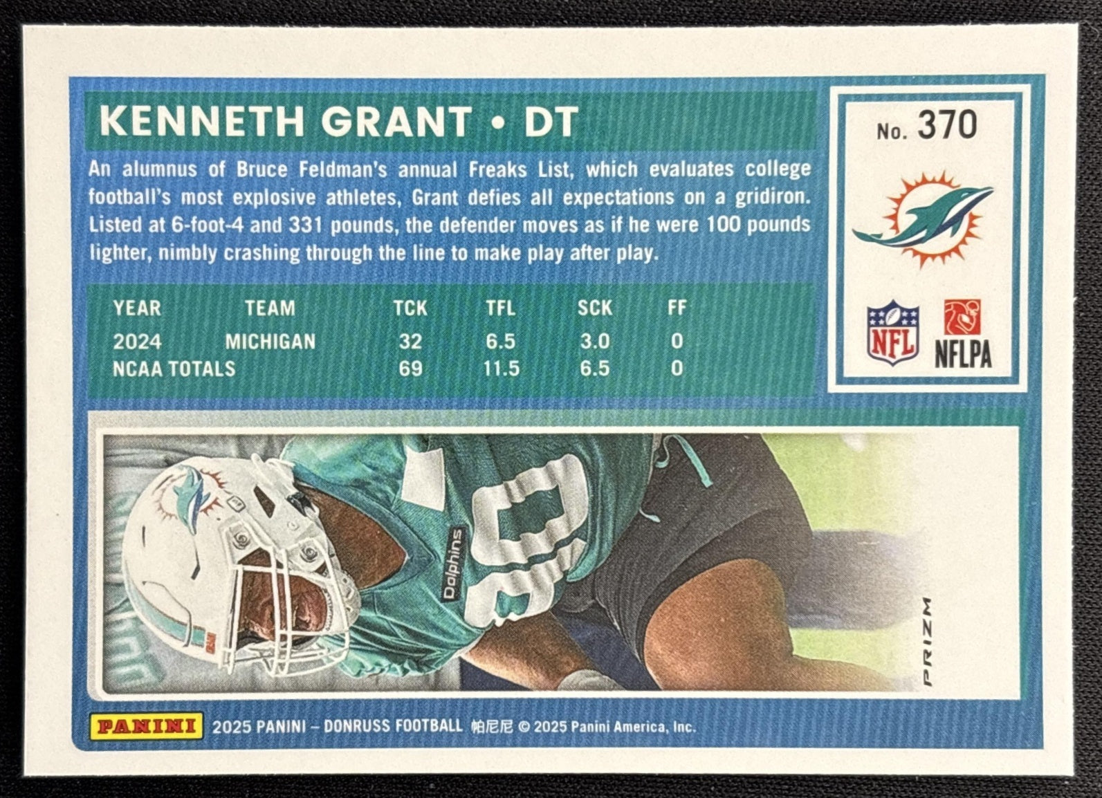 Kenneth Grant 2025 Panini Donruss Optic Rated Rookie Preview Pink Dolphins back