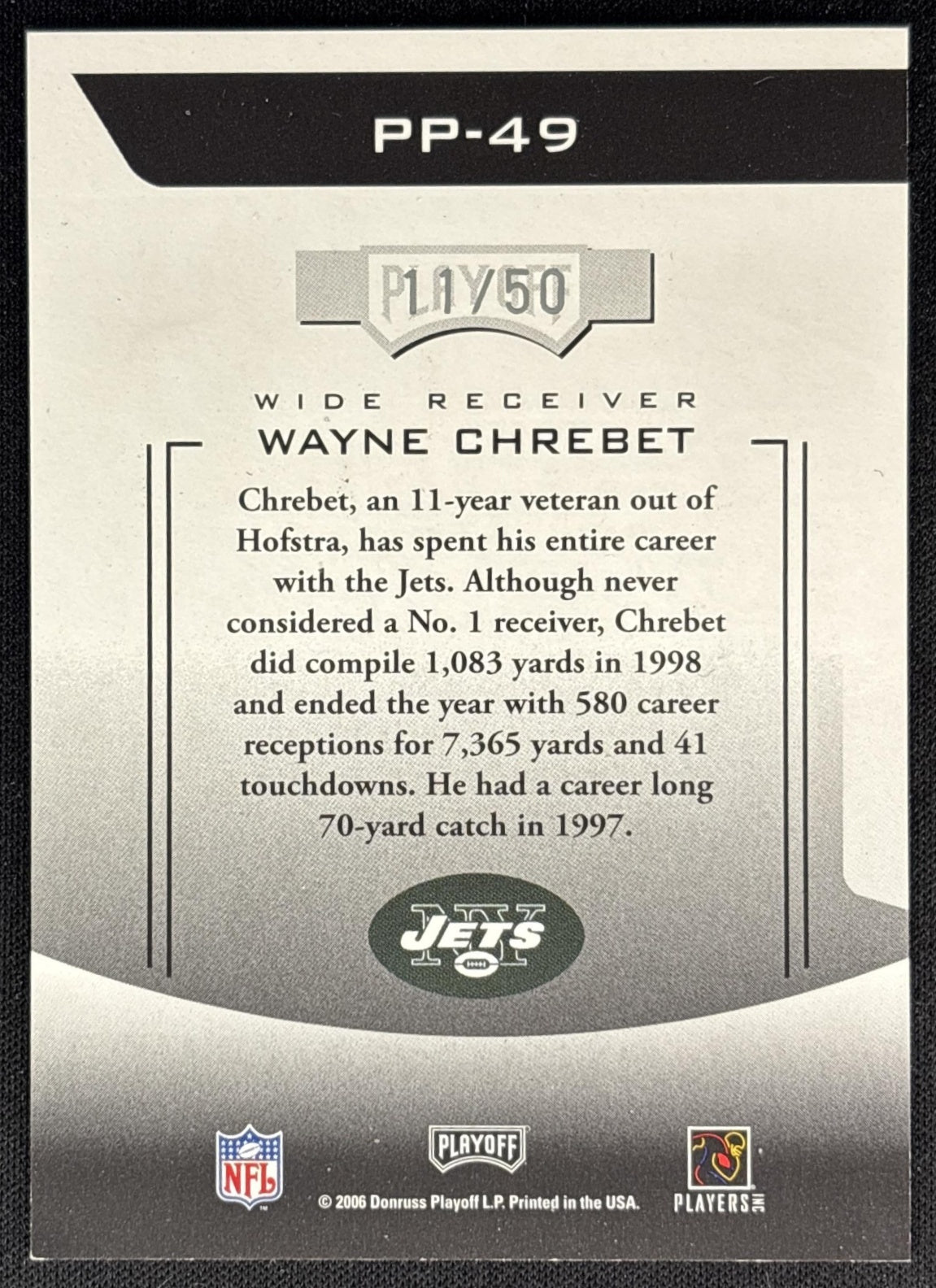 Wayne Chrebet 2006 Playoff Prestige Prestigious Pros Silver /50 Jets back