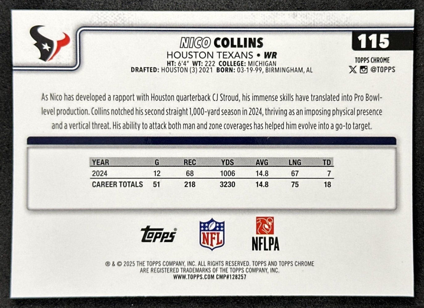 Nico Collins 2025 Topps Chrome Sapphire Texans