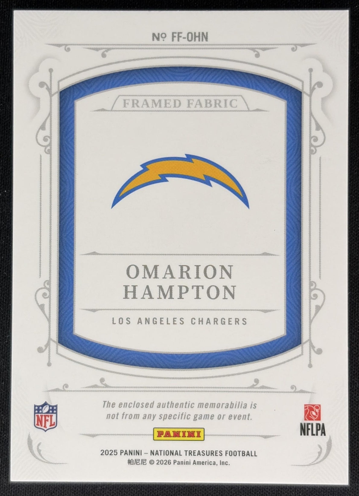Omarion Hampton 2025 Panini National Treasures Framed Fabric /49 Chargers Back