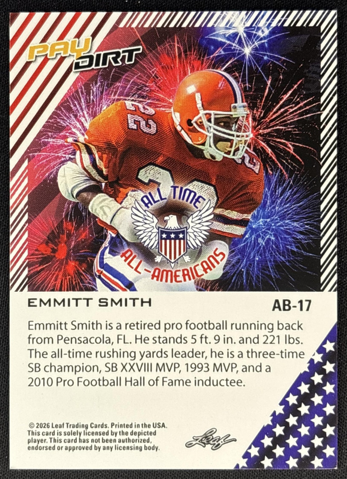 Emmitt Smith 2026 Leaf Paydirt All Time All-Americans Orange /75 back
