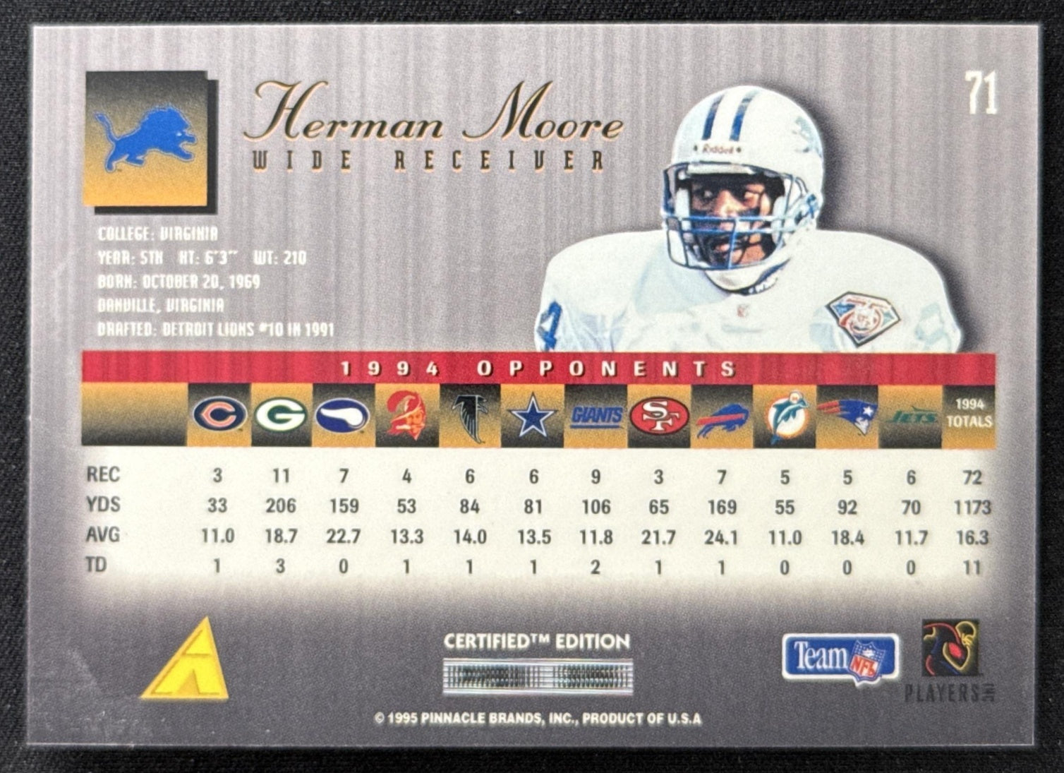 Herman Moore 1995 Pinnacle Select Certified Lions Sports Trading Card