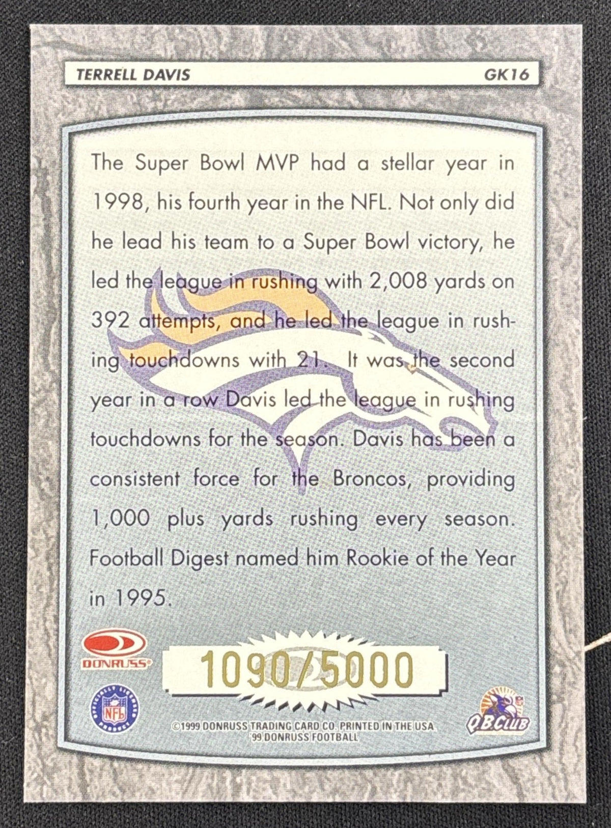 Terrell Davis 1999 Donruss Gridiron Kings /5000 Broncos back