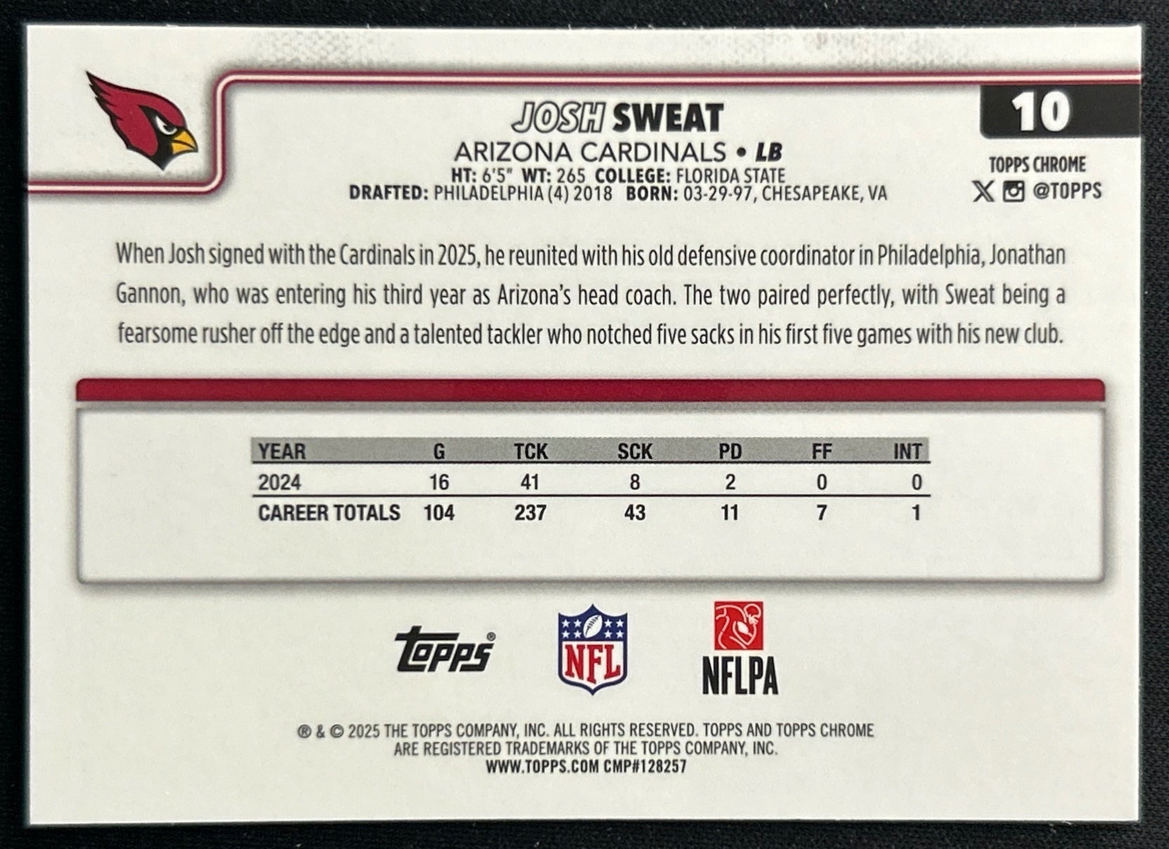 Josh Sweat 2025 Topps Chrome Cardinals Sports Trading Cards