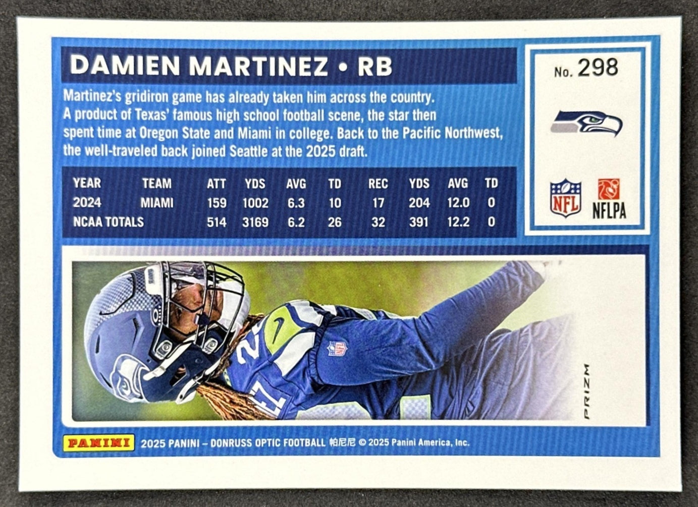 Damien Martinez 2025 Panini Donruss Optic Rated Rookie Stars Prizm Seahawks Sports Trading Card