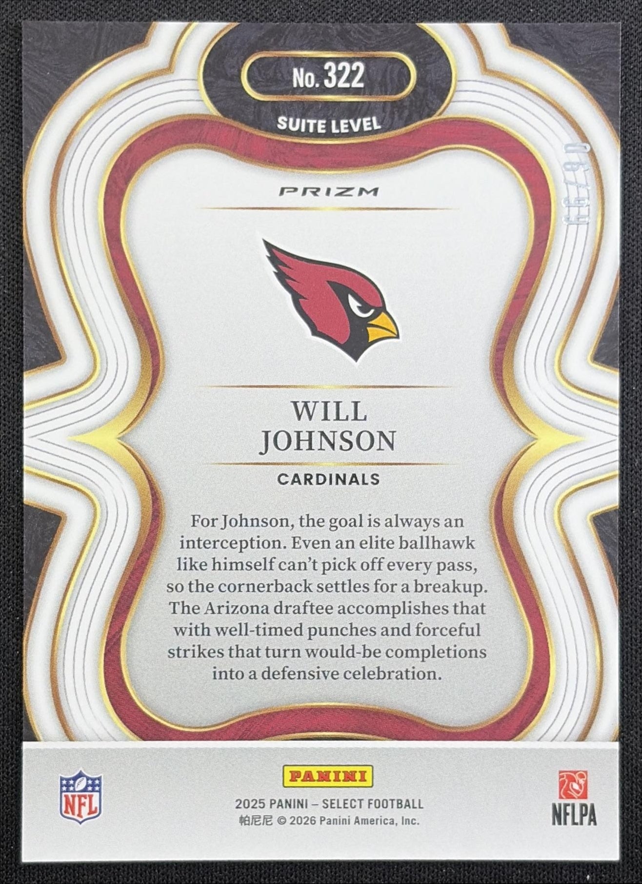Will Johnson 2025 Panini Select Suite Level Blue Prizm /99 Cardinals Arizona Cardinals back