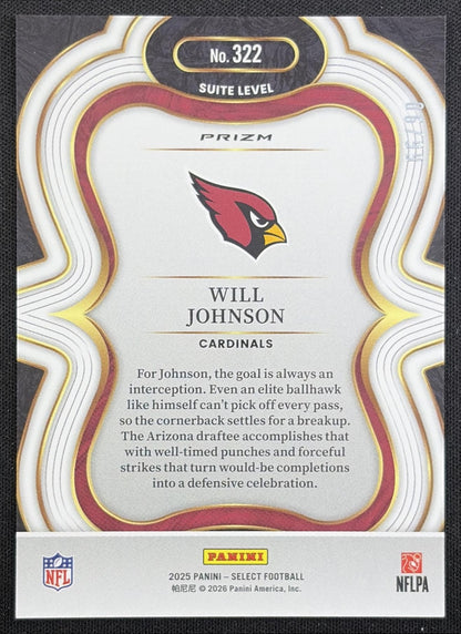 Will Johnson 2025 Panini Select Suite Level Blue Prizm /99 Cardinals Arizona Cardinals back
