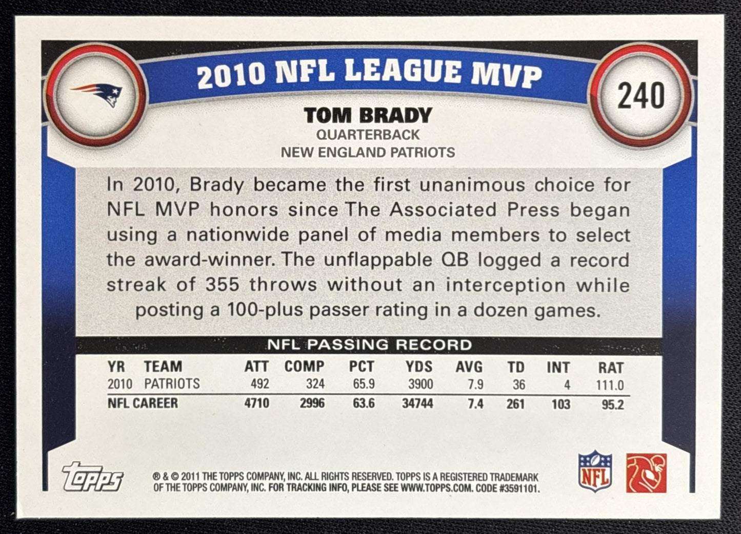 Tom Brady 2011 Topps Patriots League MVP Sports Trading Cards