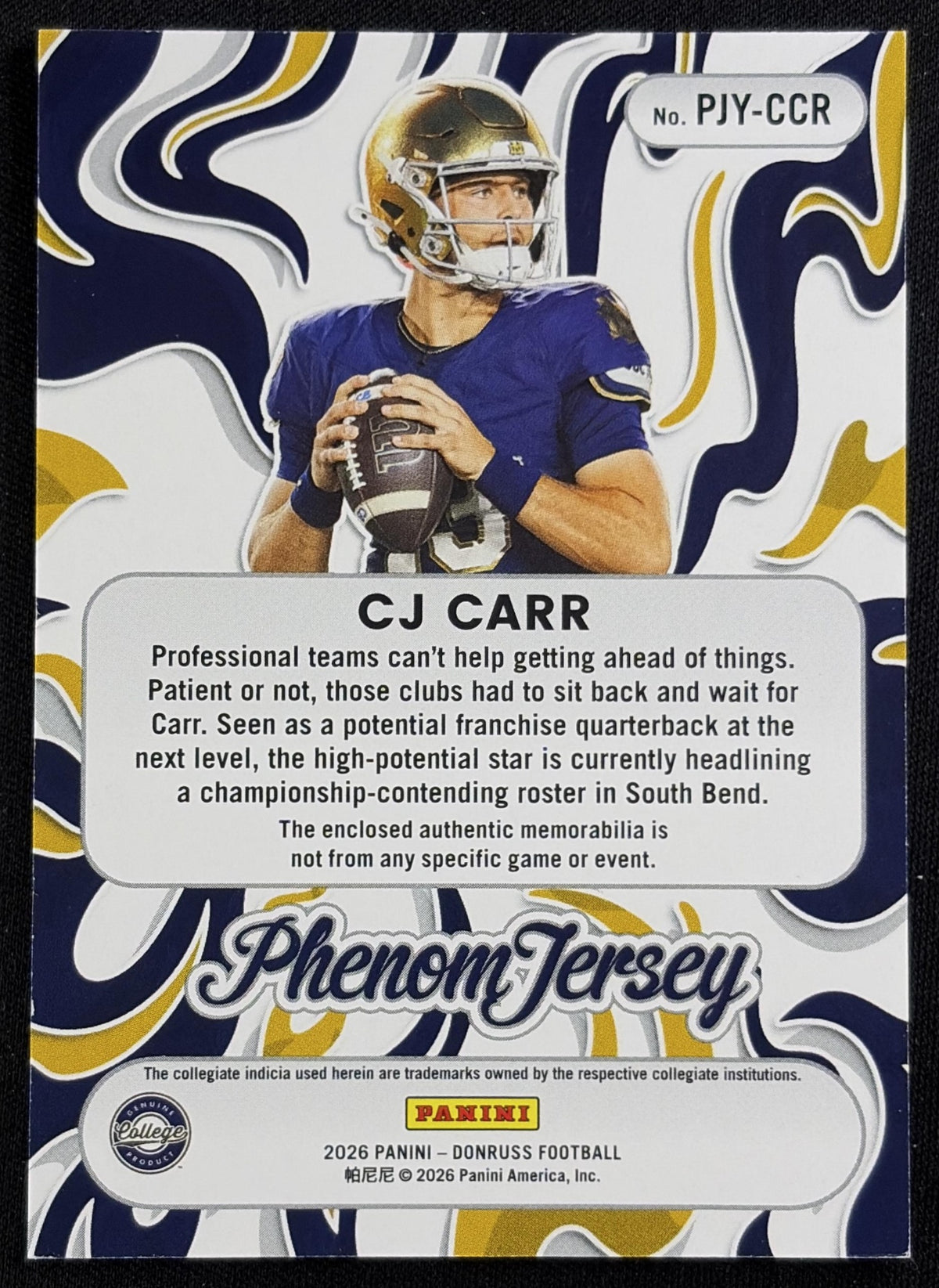 CJ Carr 2026 Panini Donruss Phenom Jerseys Fighting Irish