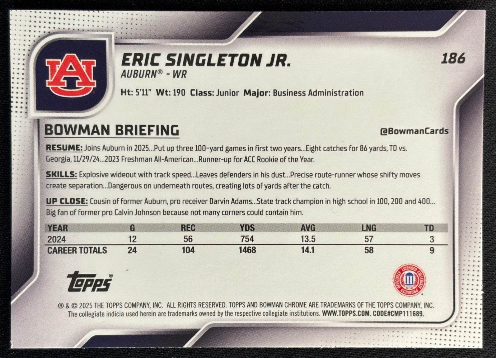 Eric Singleton Jr. 2025 Chrome University Sapphire Prospect Yellow Refractor /75 Tigers back | Wayne Collection