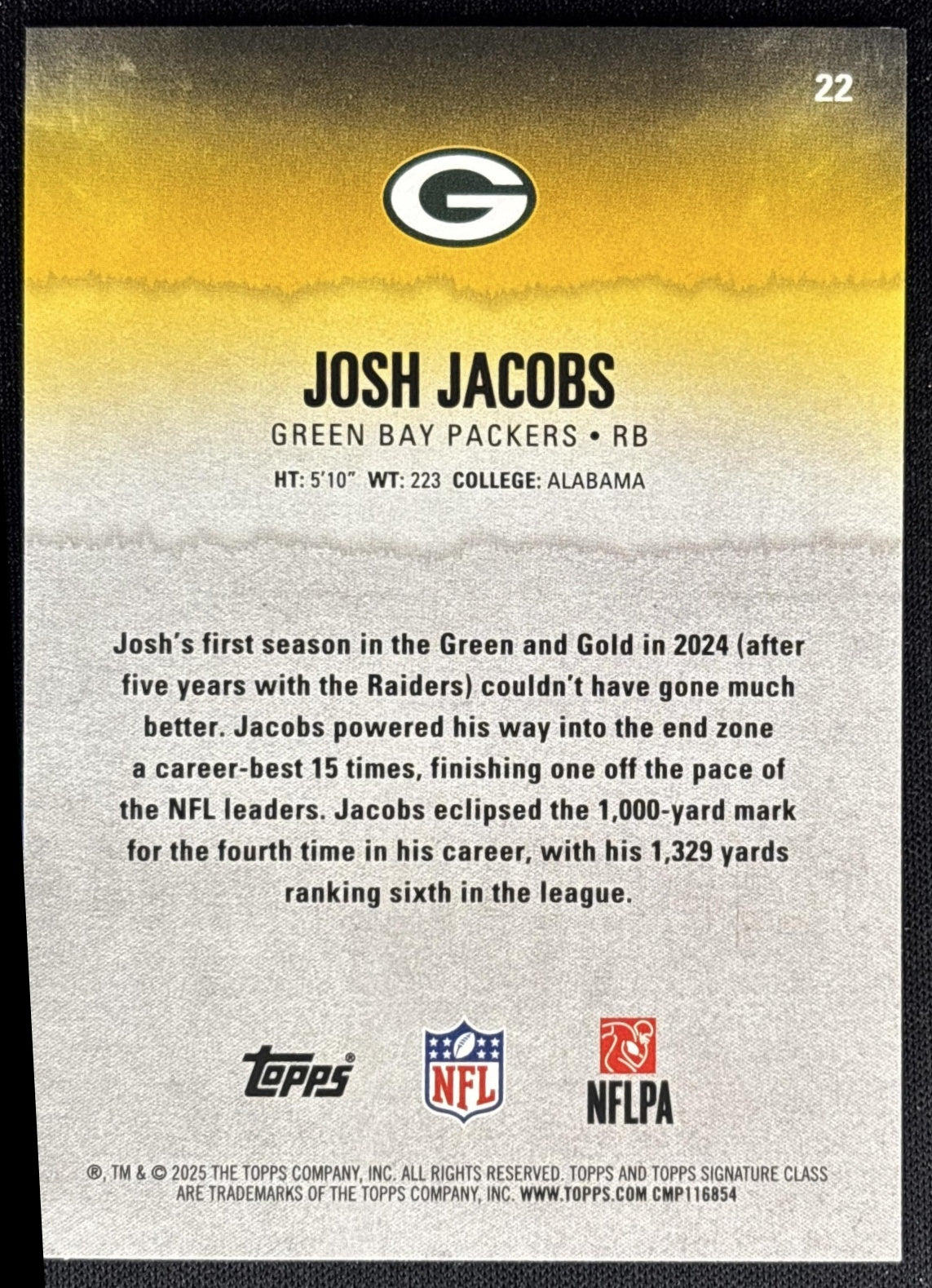 Josh Jacobs 2025 Topps Signature Class Veteran Blue & Yellow Foil Packers back