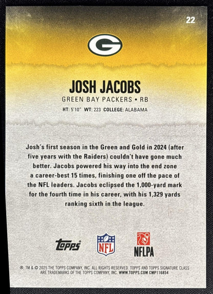 Josh Jacobs 2025 Topps Signature Class Veteran Blue & Yellow Foil Packers back
