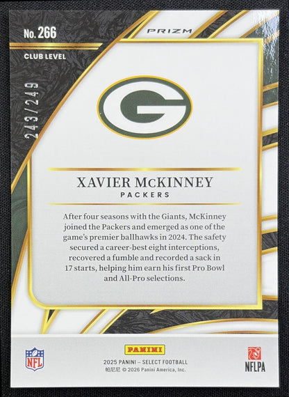 Xavier McKinney 2025 Panini Select Club Level Tri-Color Prizm /249 Packers back