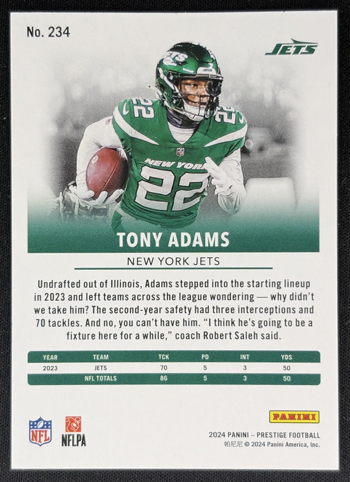 Tony Adams 2024 Panini Prestige Gold Xtra Points /75 Jets