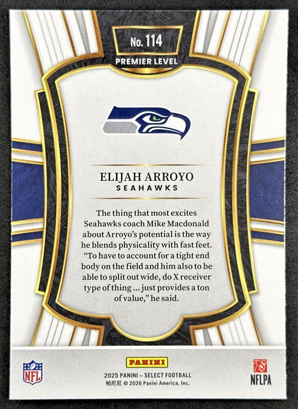 Elijah Arroyo 2025 Panini Select Premier Level Seahawks Back