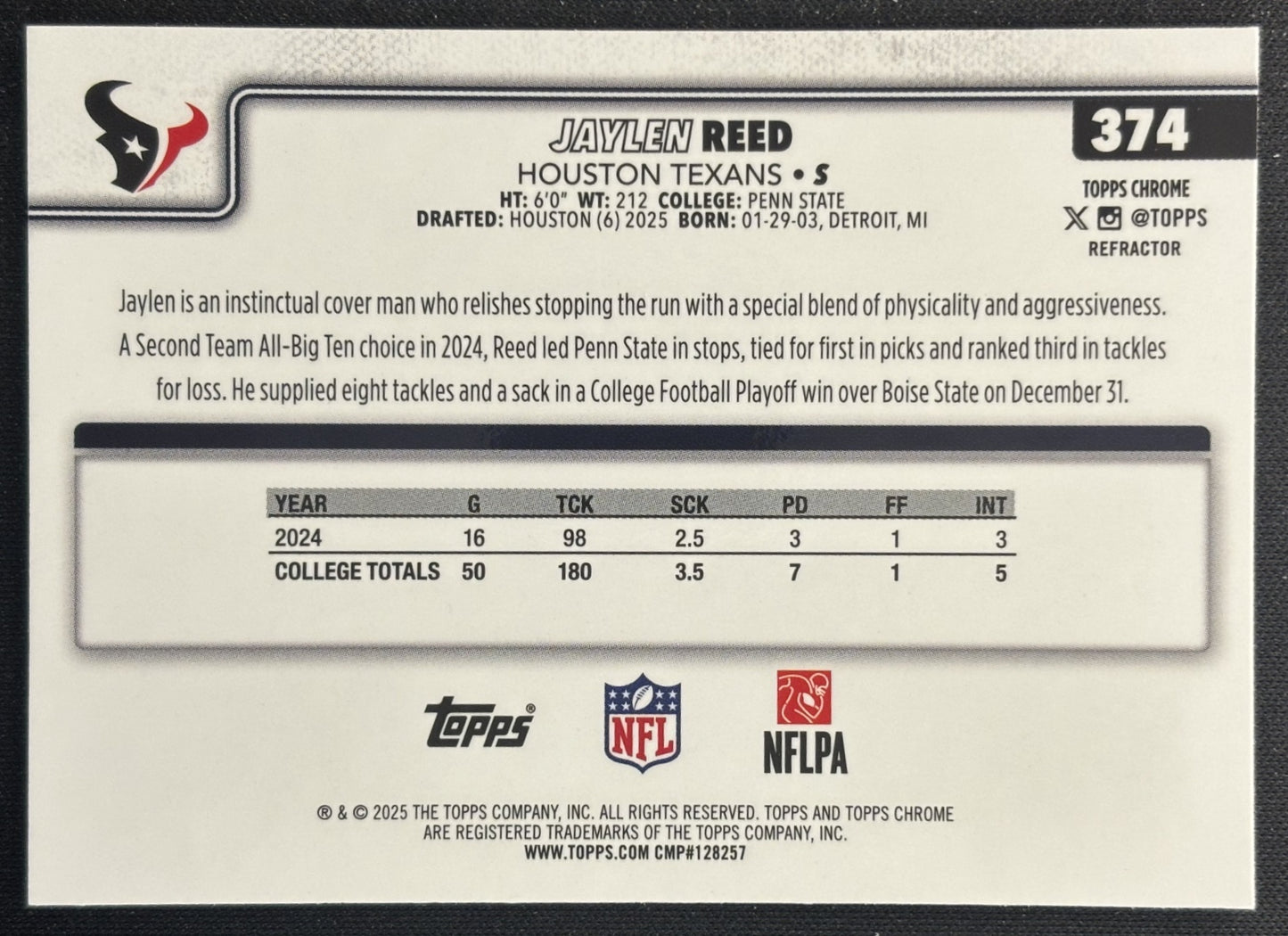 Jaylen Reed 2025 Topps Chrome Rookie Refractor Texans Sports Trading Cards