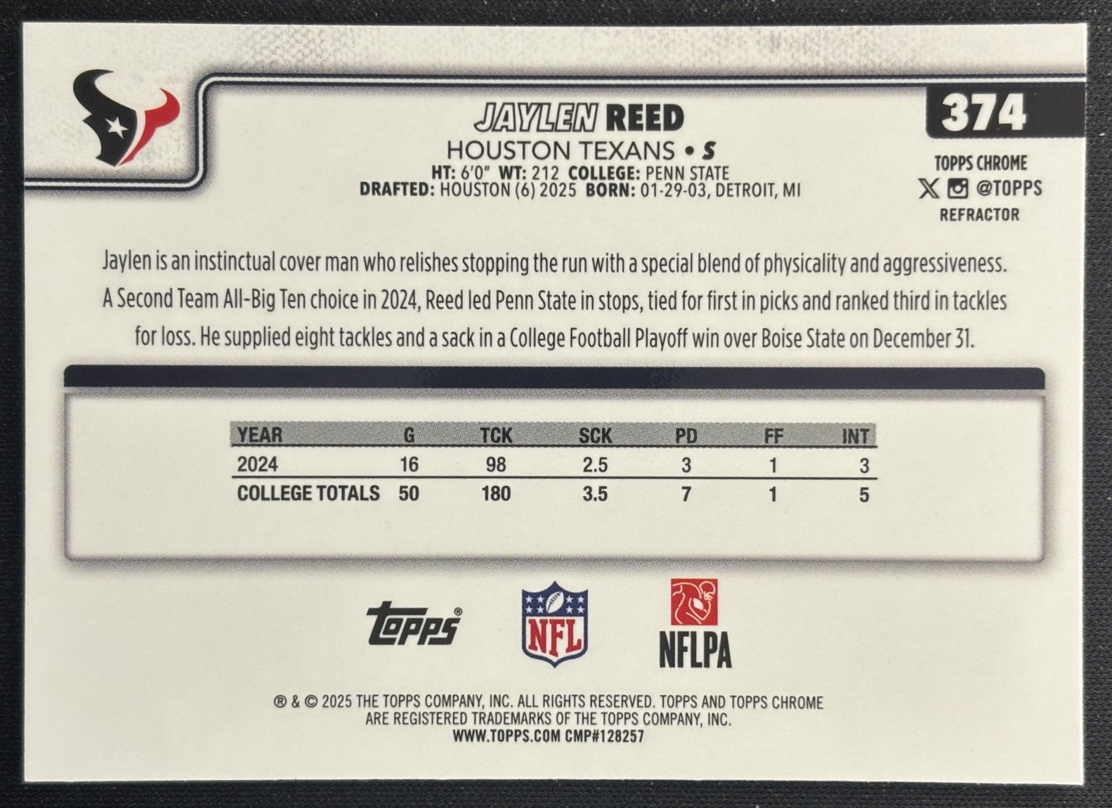 Jaylen Reed 2025 Topps Chrome Rookie Refractor Texans Sports Trading Cards