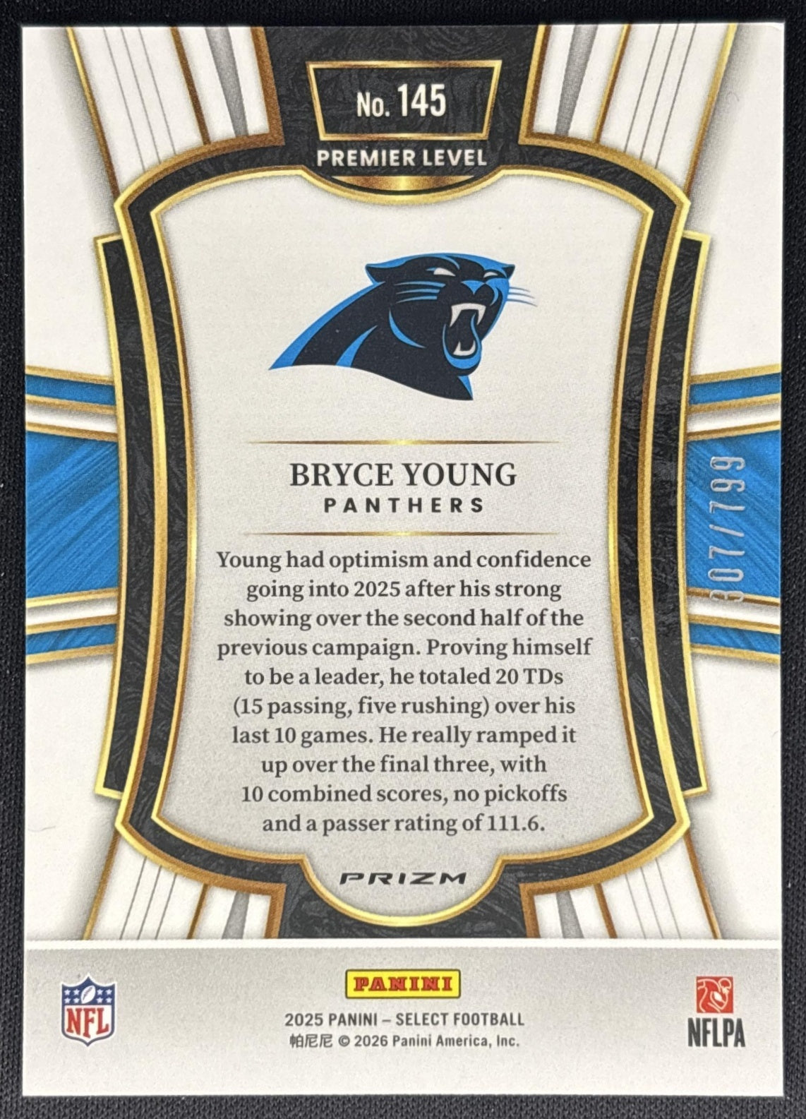 Bryce Young 2025 Panini Select Premier Level White Prizm Shock /799 Panthers Sports Trading Cards