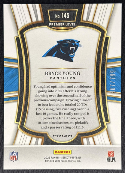Bryce Young 2025 Panini Select Premier Level White Prizm Shock /799 Panthers Sports Trading Cards