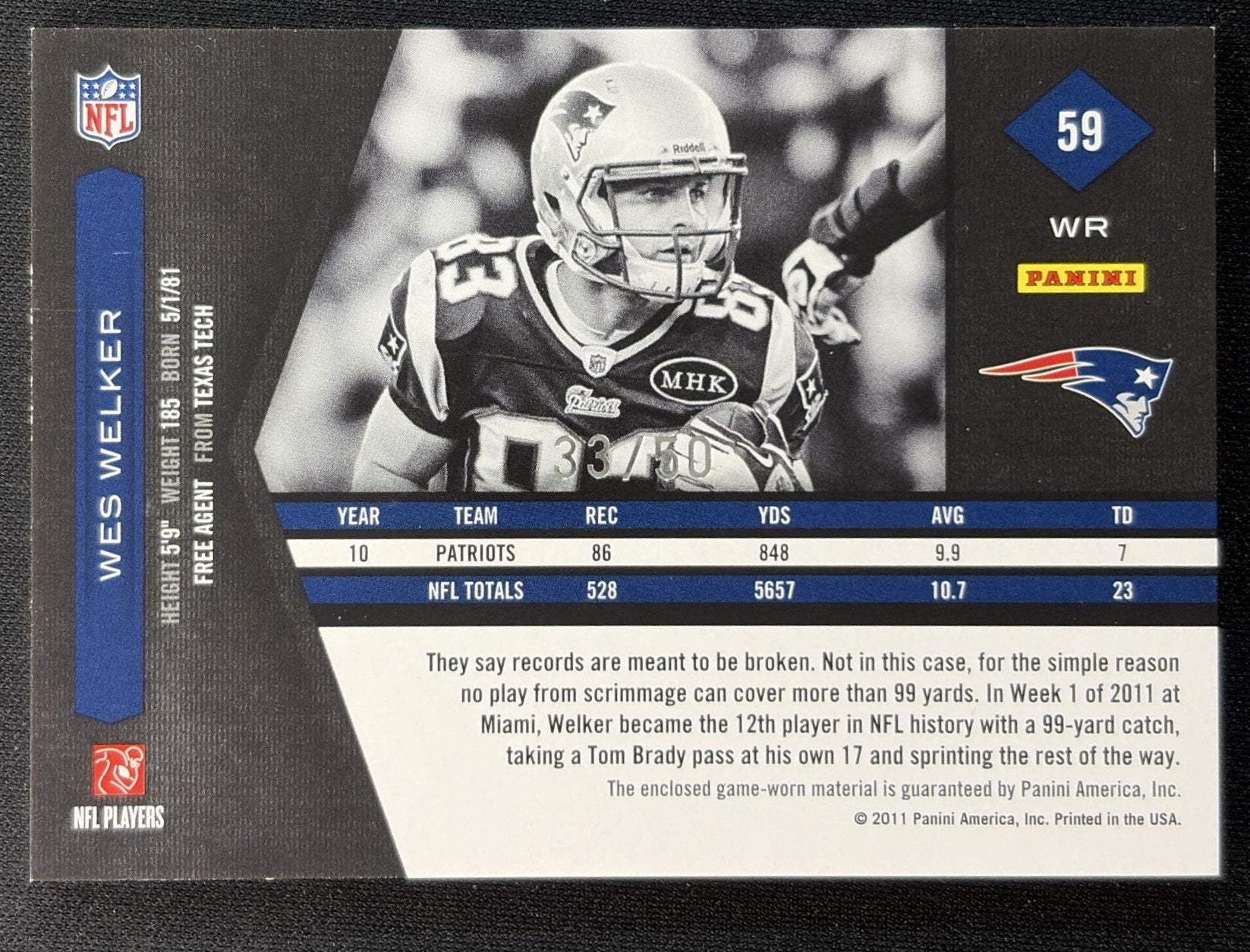 Wes Welker 2011 Panini Limited Threads Prime /50 Patriots back
