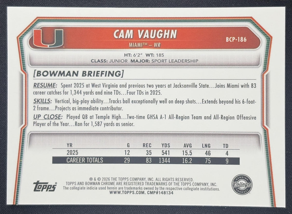 Cam Vaughn 2026 Bowman Chrome Prospects Mojo Refractor Hurricanes Sports Trading Card