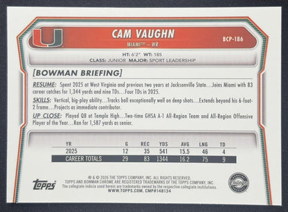 Cam Vaughn 2026 Bowman Chrome Prospects Mojo Refractor Hurricanes Sports Trading Card