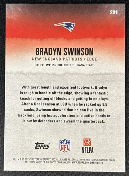 Bradyn Swinson 2025 Topps Signature Class Green & Purple Rookie Patriots back
