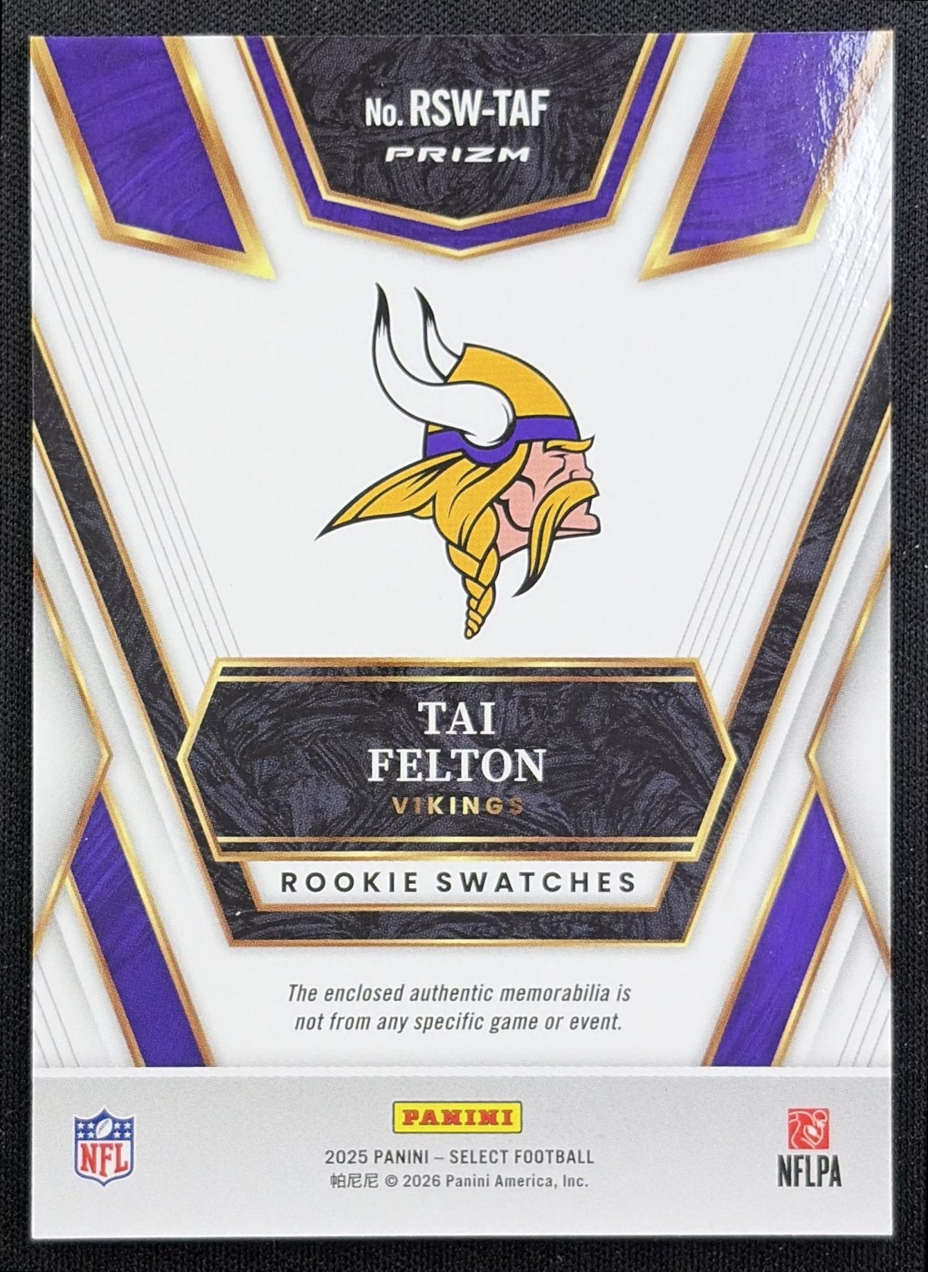 Tai Felton 2025 Panini Select Rookie Swatches Red Prizm Vikings