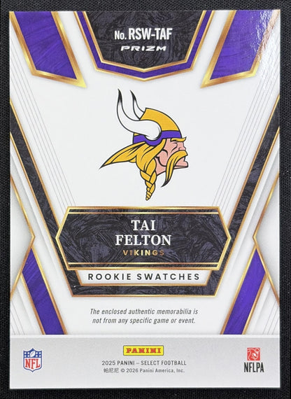 Tai Felton 2025 Panini Select Rookie Swatches Red Prizm Vikings
