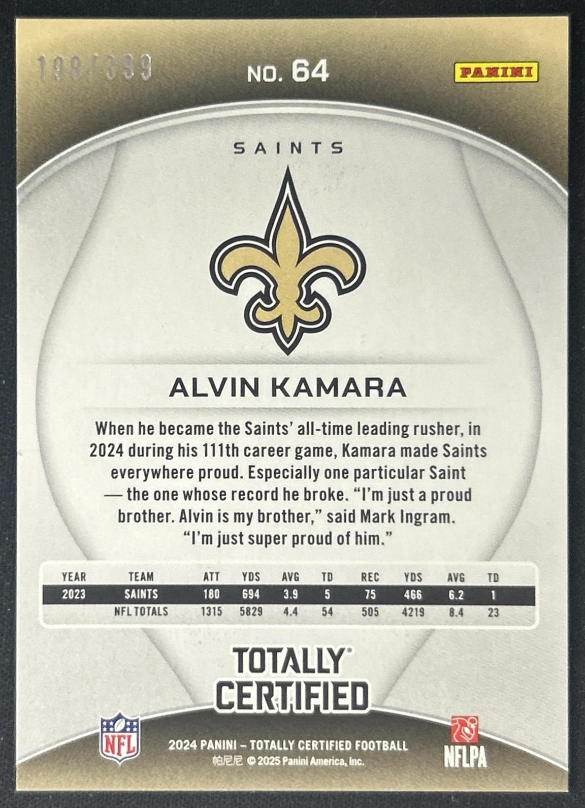Alvin Kamara 2024 Panini Certified Piece of the Game /249 Saints back