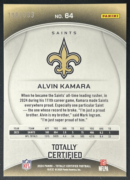Alvin Kamara 2024 Panini Certified Piece of the Game /249 Saints back