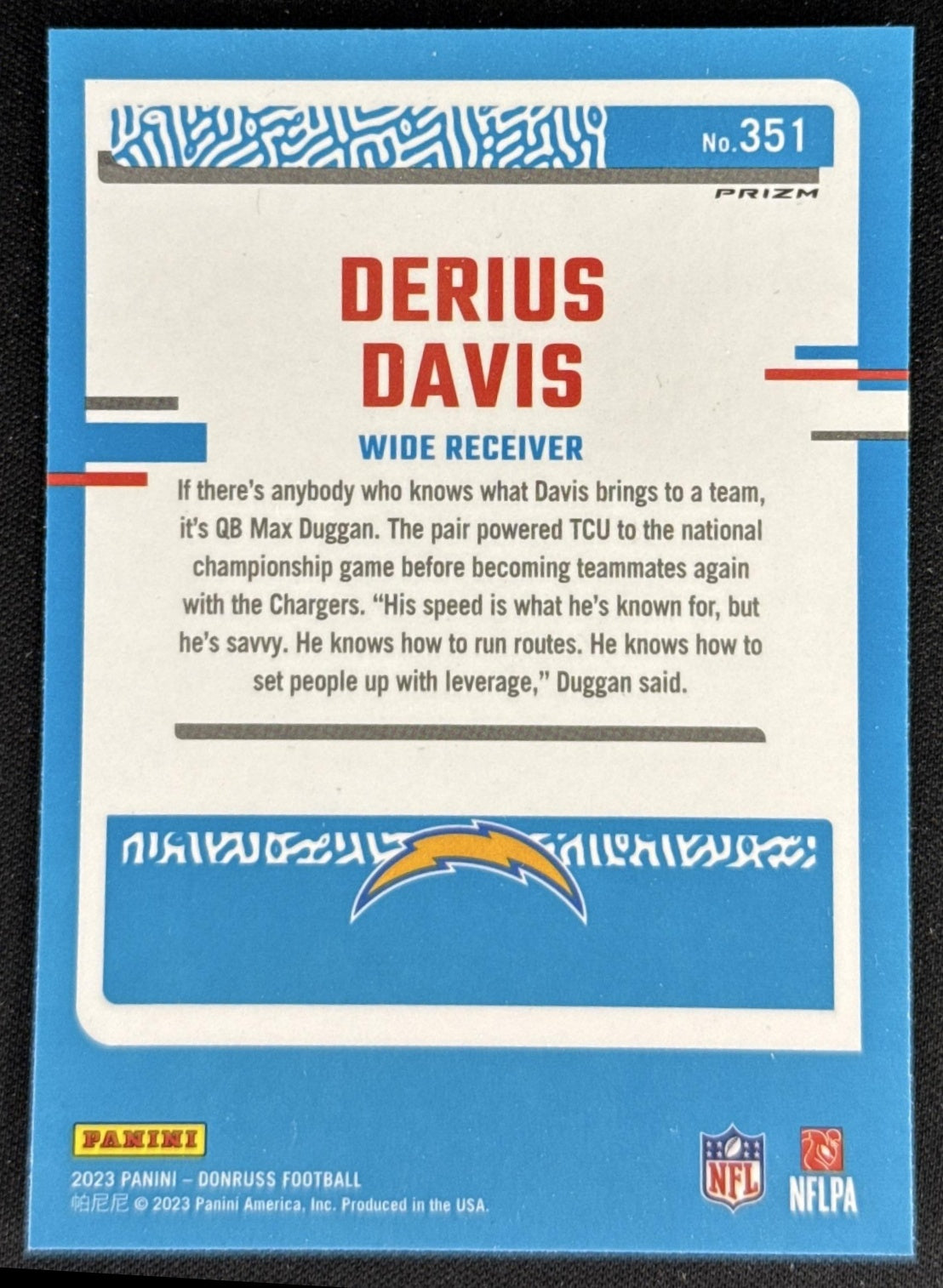 Derius Davis 2023 Panini Donruss Optic Rated Rookie Preview Pink Prizm Chargers Sports Trading Card