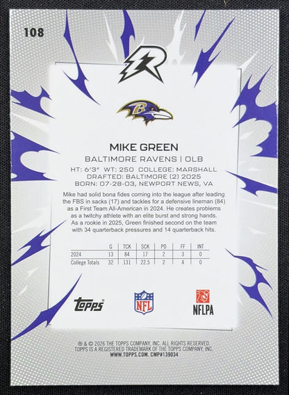 Mike Green 2025 Topps Resurgence Sky Blue and Pink Shock Refractor Ravens