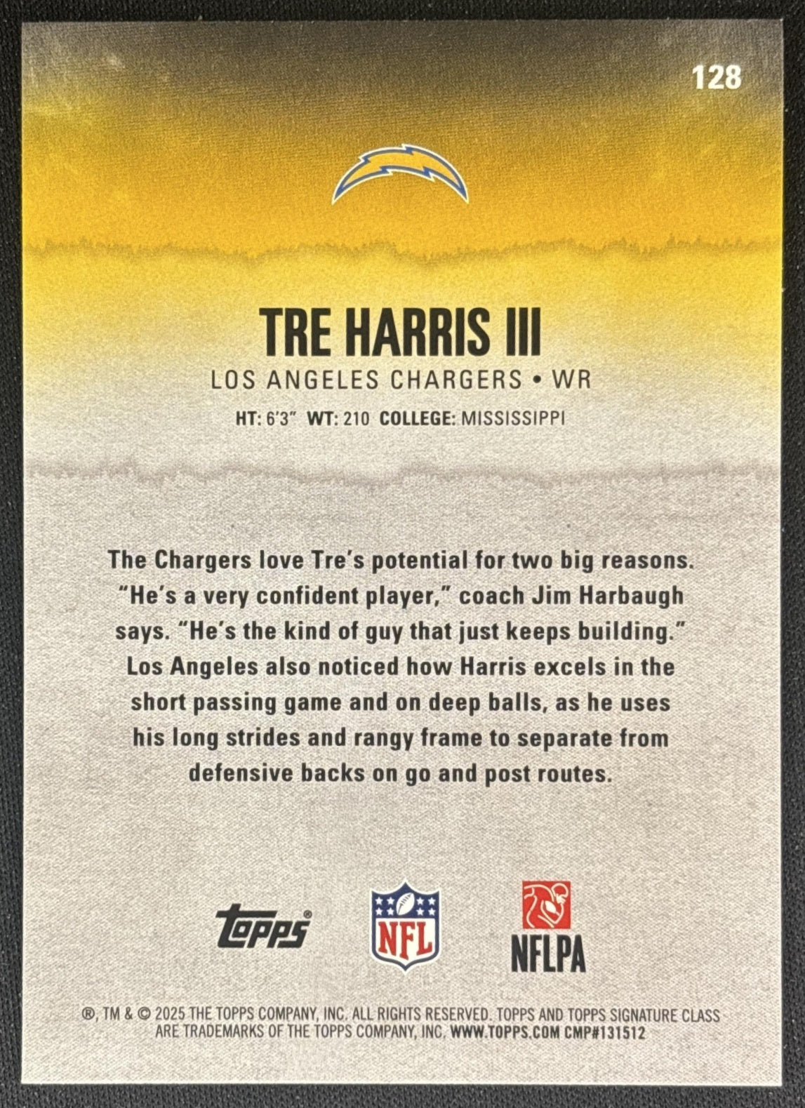 Tre Harris III 2025 Topps Signature Class Rookie Green & Purple Foil Chargers back