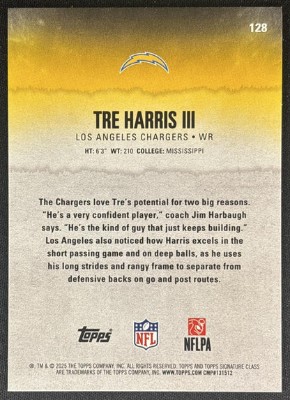 Tre Harris III 2025 Topps Signature Class Rookie Green & Purple Foil Chargers back