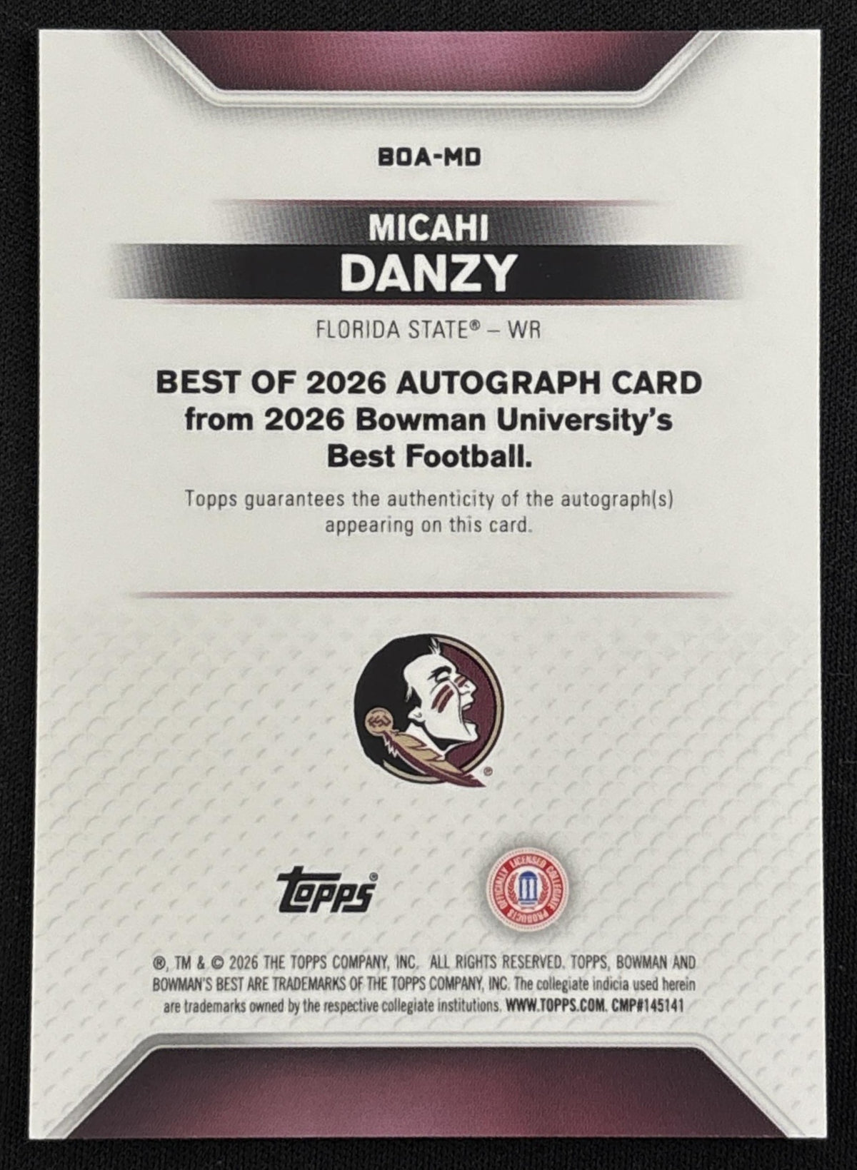 Micahi Danzy 2026 Bowman U Best of 2026 Auto Gold Refractor /50 Seminoles back