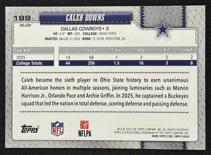 Caleb Downs 2026 Topps Holiday Blue Metallic Glitter Cowboys Sports Trading Card