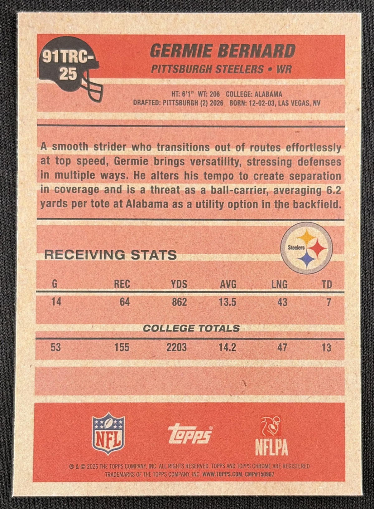 Germie Bernard 2026 Topps 1991 Chrome Rookie Mojo Refractor Steelers back