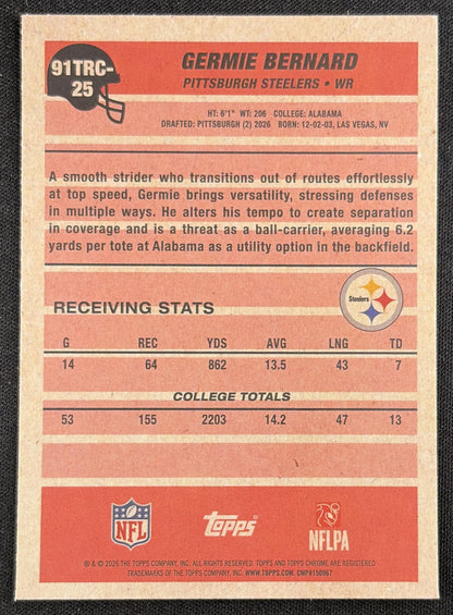 Germie Bernard 2026 Topps 1991 Chrome Rookie Mojo Refractor Steelers back