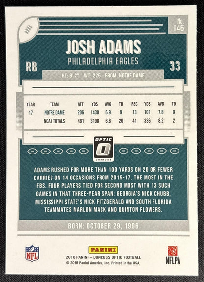 Josh Adams 2018 Panini Donruss Optic Eagles Sports Trading Card
