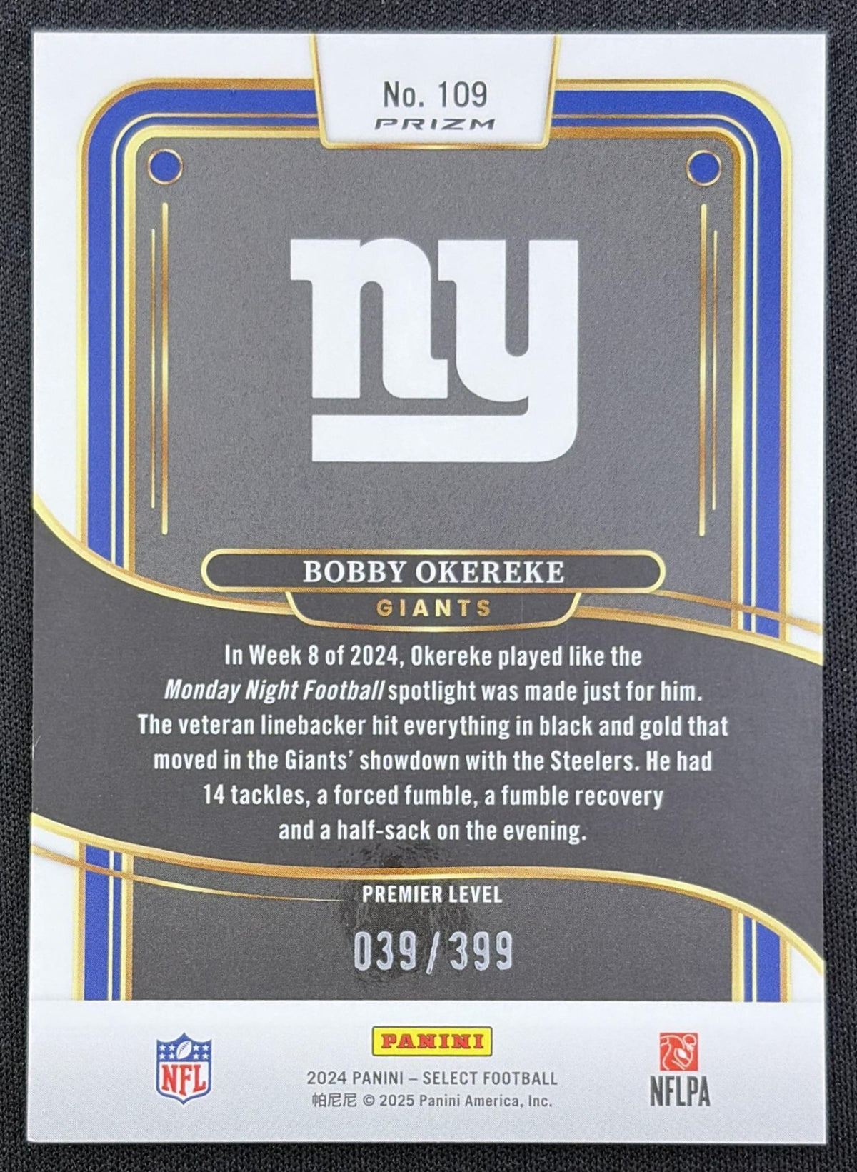 Bobby Okereke 2024 Panini Select Premier Orange Prizm Shock /399 Giants
