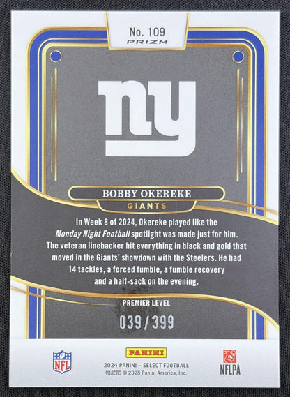 Bobby Okereke 2024 Panini Select Premier Orange Prizm Shock /399 Giants