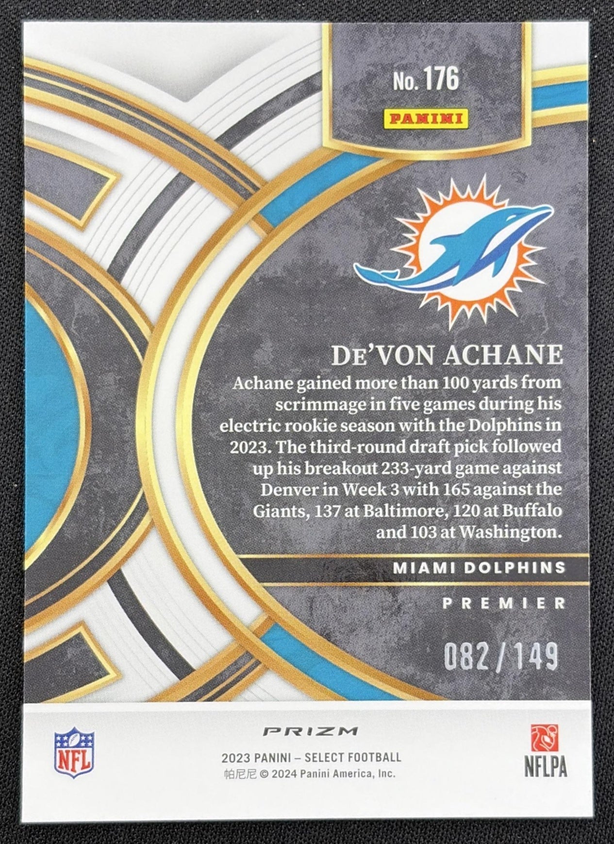 De'Von Achane 2023 Panini Select Blue Prizms /149 Dolphins Miami Dolphins